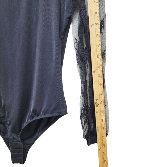 Black Lace Sleeve Bodysuit With Mesh Details & Snap Closure Size S - Picture 9 of 10